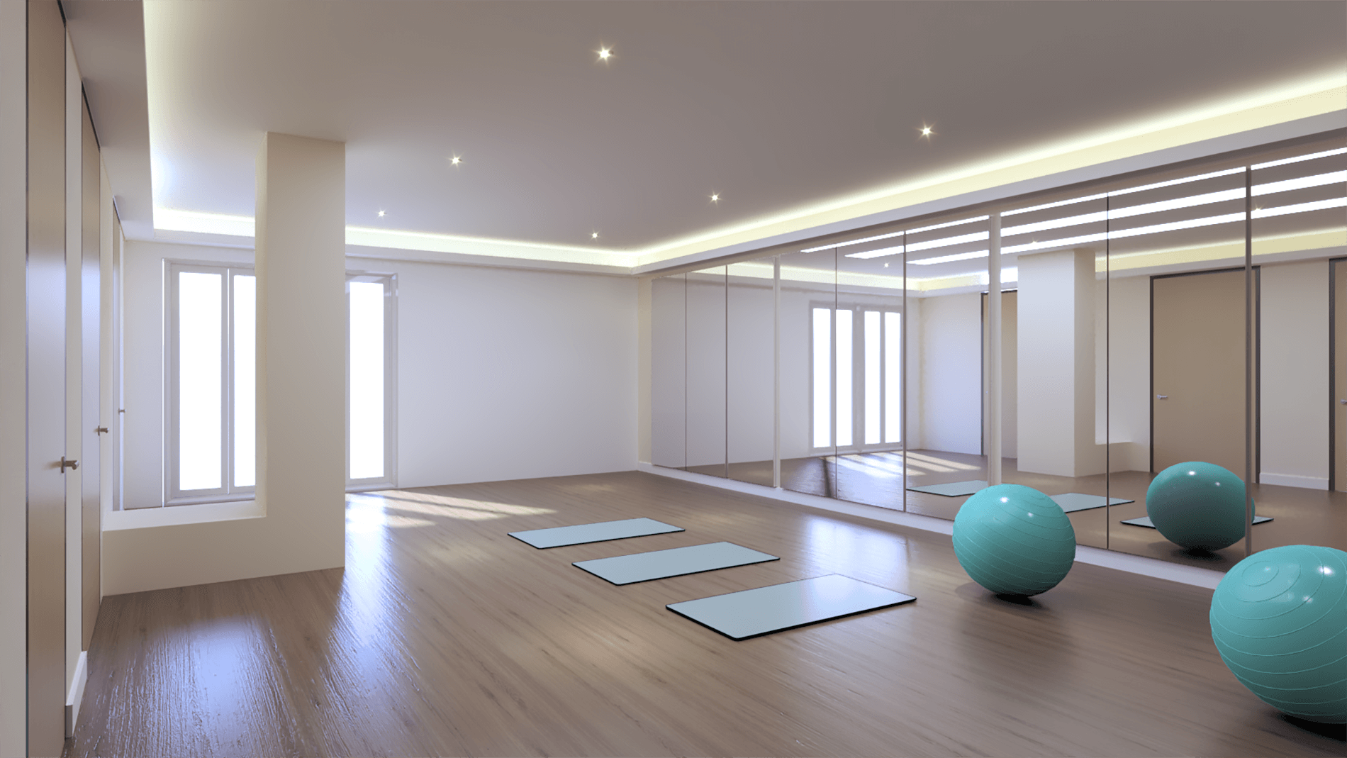 Wellness clinic exercise room with yoga mats on the floor and therapy balls, designed by Beatrice Leupold Wellness clinic exercise room with yoga mats on the floor and therapy balls, designed by Beatrice Leupold