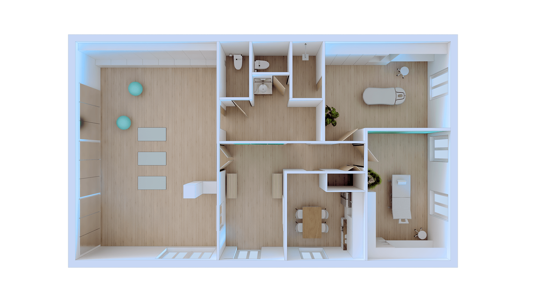 Wellness clinic complete floorplan rendering from top view, designed by Beatrice Leupold Wellness clinic complete floorplan rendering from top view, designed by Beatrice Leupold