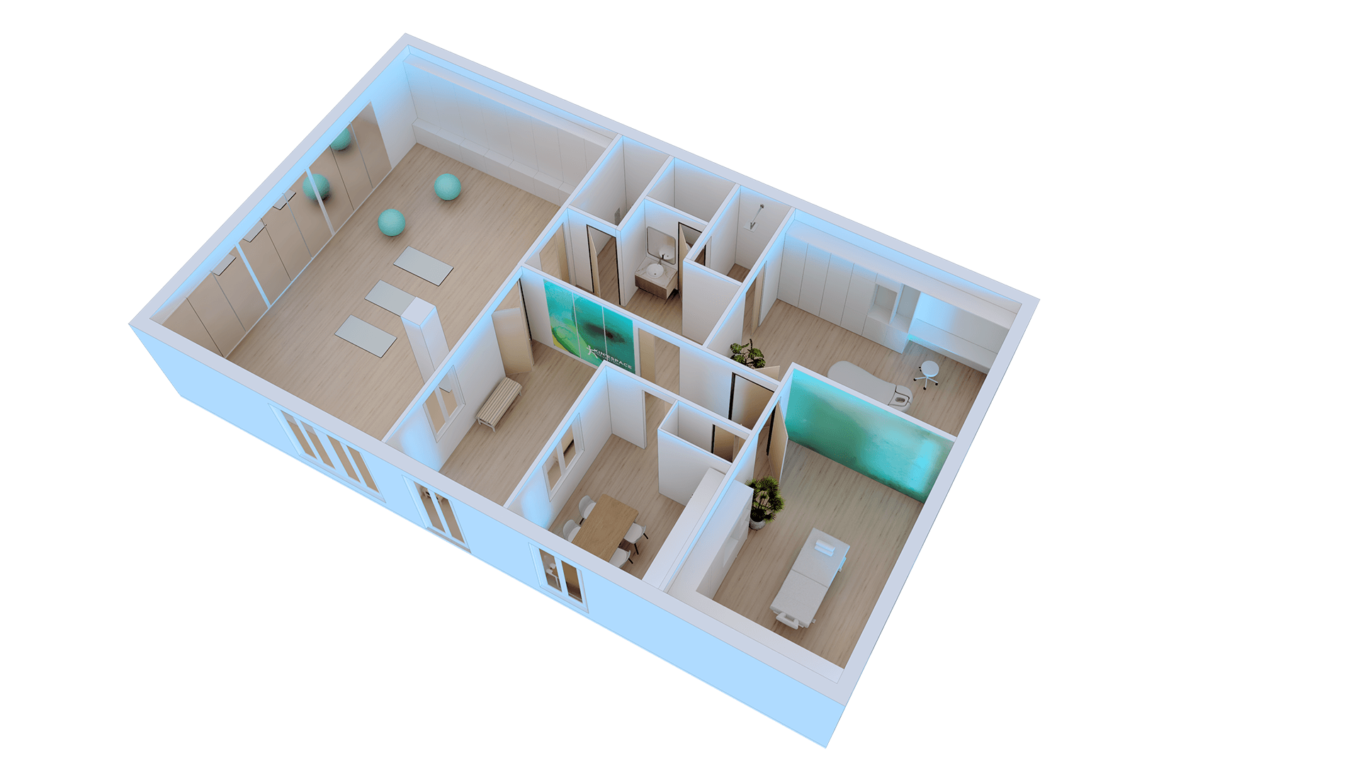 Wellness clinic complete floorplan rendering, designed by Beatrice Leupold Wellness clinic complete floorplan rendering, designed by Beatrice Leupold