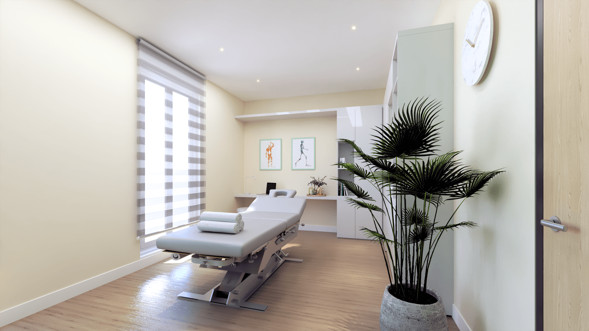 Wellness clinic main therapy room with one big window from floor to ceiling, designed by Beatrice Leupold Wellness clinic main therapy room with one big window from floor to ceiling, designed by Beatrice Leupold