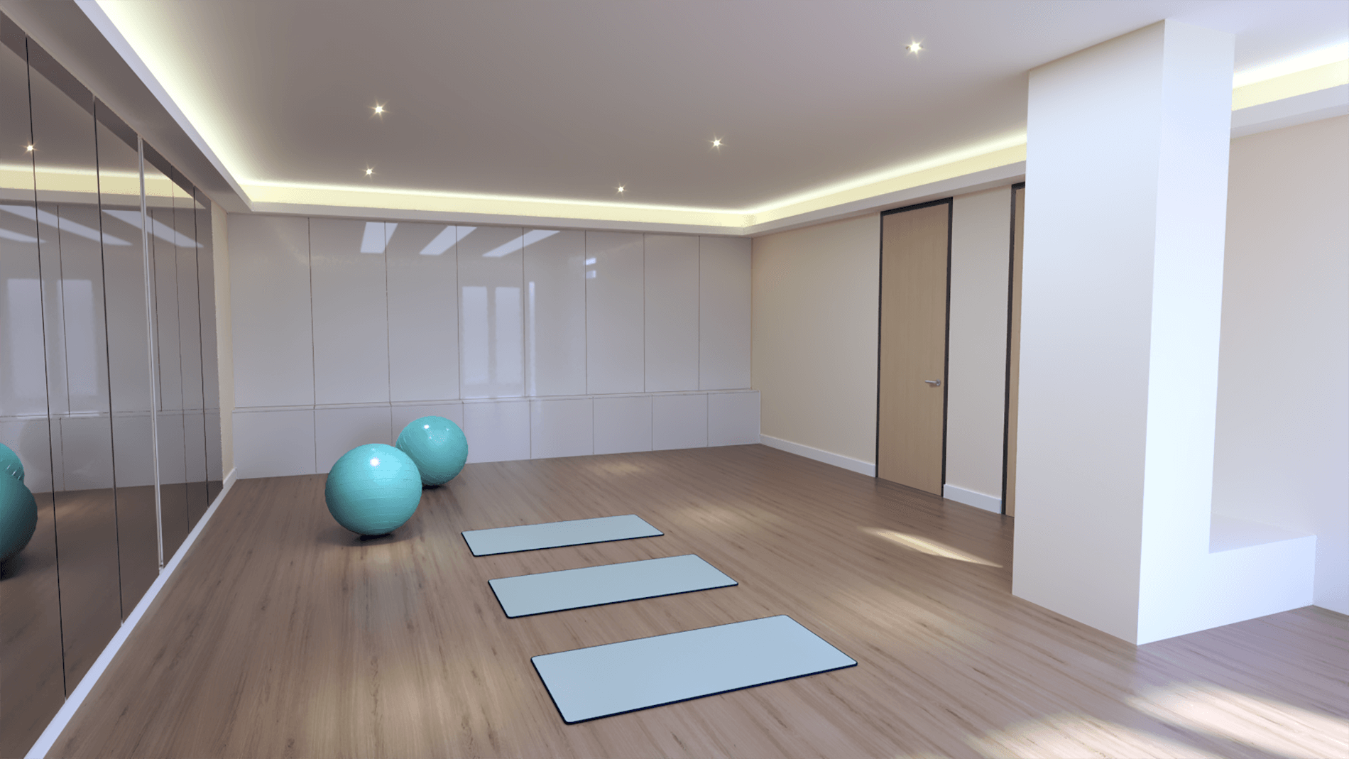 Wellness clinic exercise room with a wall of floor-t-ceiling mirrors, designed by Beatrice Leupold Wellness clinic exercise room with a wall of floor-to-ceiling mirrors, designed by Beatrice Leupold