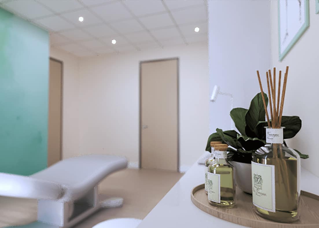 Wellness clinic secondary therapy room with a connecting door to the main room, designed by Beatrice Leupold Wellness clinic secondary therapy room with a connecting door to the main room, designed by Beatrice Leupold